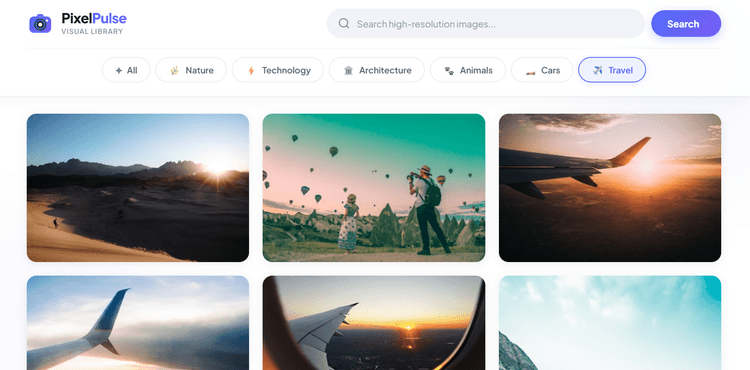 معرض صور تفاعلي — تكامل مع Unsplash REST API